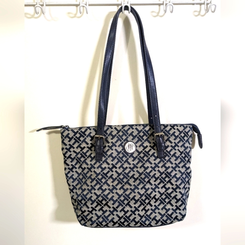 Tommy Hilfiger Navy Monogram Tote Bag Leather Straps Zipper